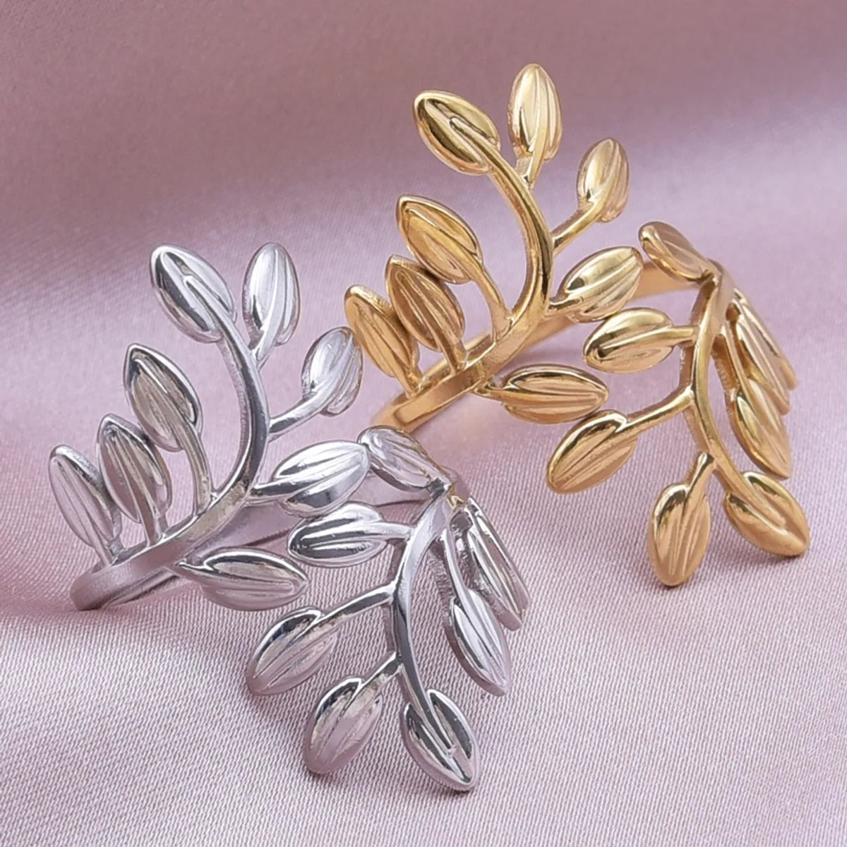 platinum rings for women-Elegant Simple Style Leaf Stainless Steel Plating 18k Gold Plated Open Rings