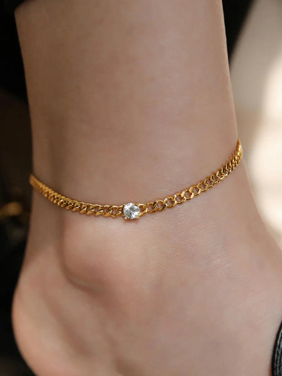 boho anklet for women-Classic Style Solid Color Chains Print Stainless Steel Inlay Zircon Women's Anklet