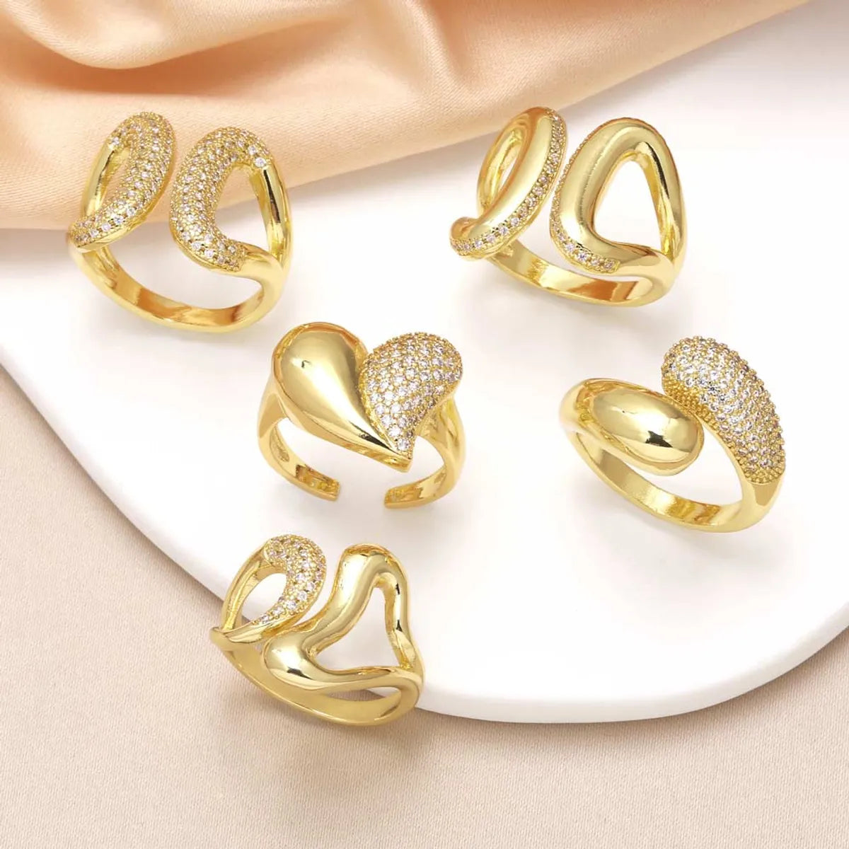 round rings for women-Copper 18K Gold Plated Plating Inlay Heart Shape Zircon Open Rings