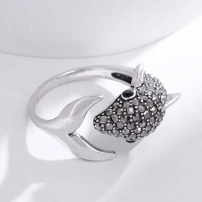 minimal rings for women-Cute Animal Fish Sterling Silver Inlay Zircon Open Rings