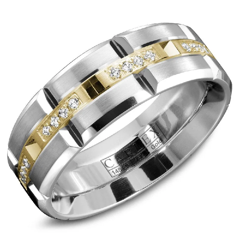 wide band engagement rings for women-14K White and Yellow Gold Brushed Band with 0.21ctw Diamonds