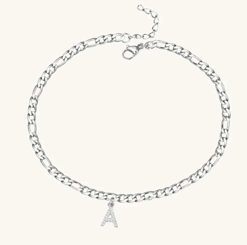 leather anklet for women-Silver Diamond Initial Anklet