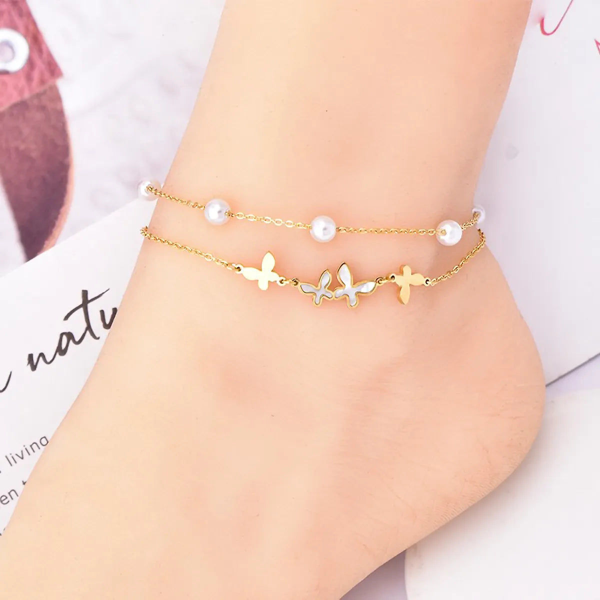 star anklet for women-Beach Butterfly Stainless Steel Layered Pearl Inlay Shell 18k Gold Plated Platinum Plated Women's Anklet