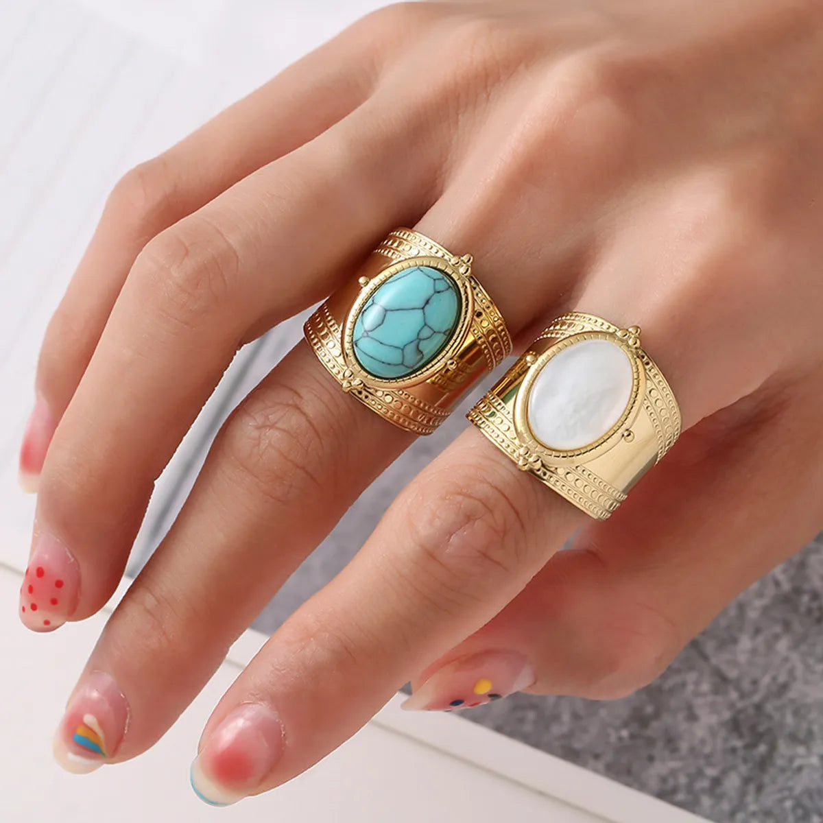 luxury engagement rings for women-Retro Oval Stainless Steel Turquoise Wide Band Rings In Bulk