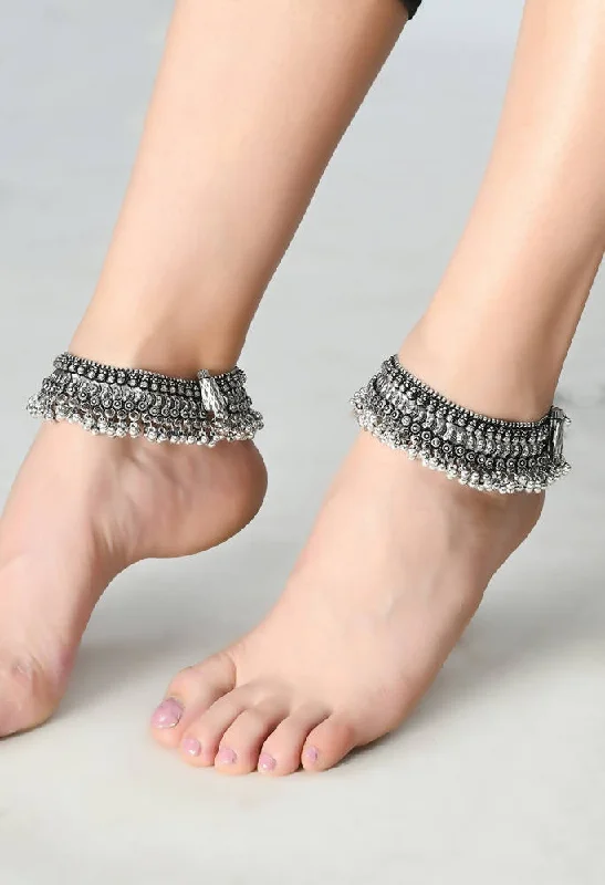 minimalist bracelet for women-Mominos Fashion Kamal Johar Oxidised Silver Heavy Design Anklets