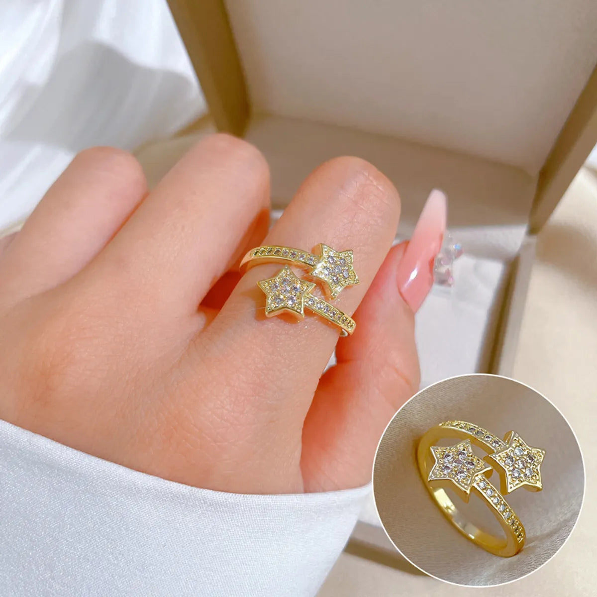 halo rings for women-Fashion Pentagram Brass Zircon Open Ring In Bulk