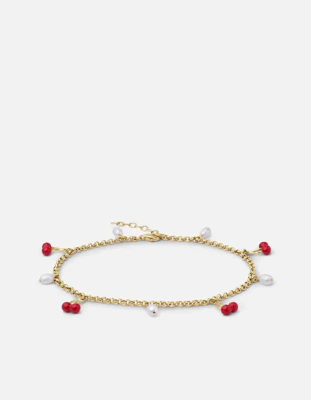 silver anklet for women-Cherry Enamel Anklet, Gold Vermeil w/Pearls