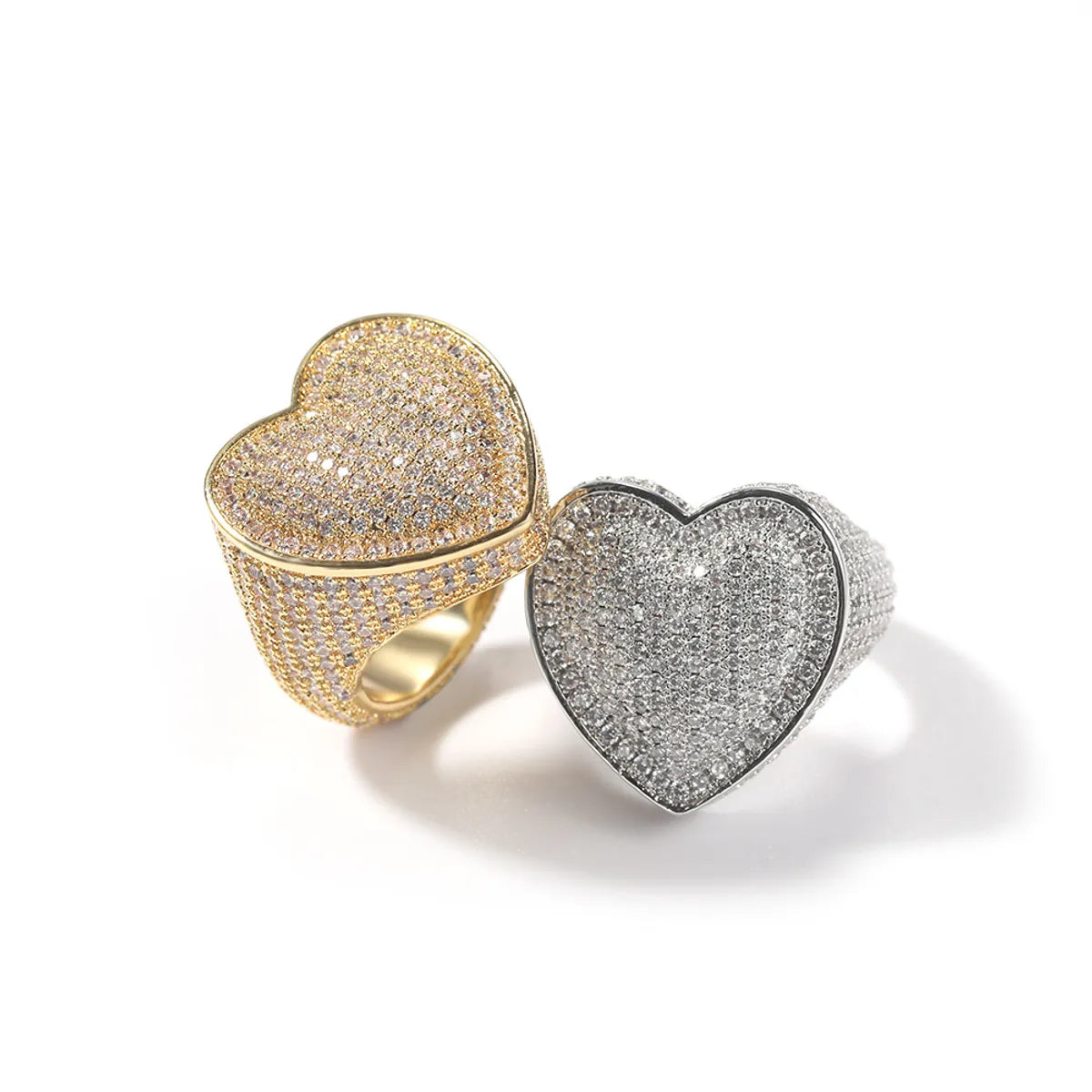 unique rings for women-Brass Inlay Heart Shape Zircon Rings