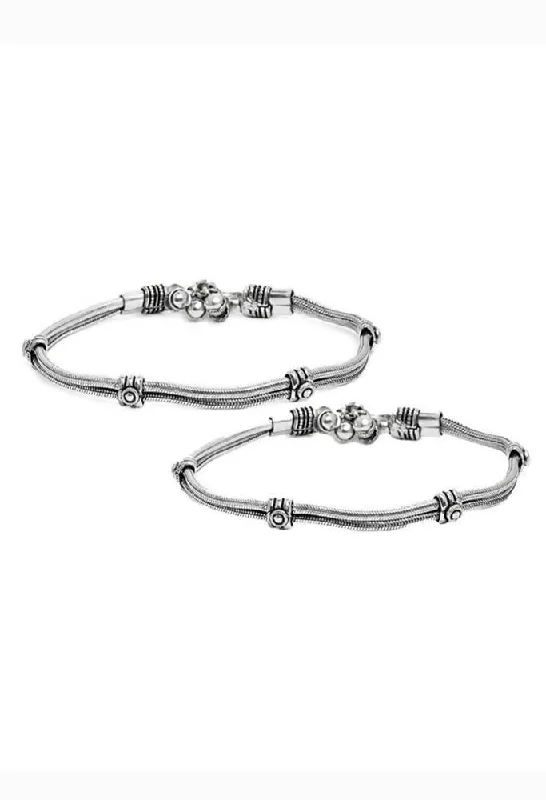 tropical anklet for women-Mominos Fashion Kamal Johar Oxidised Silver Double Lined Anklets