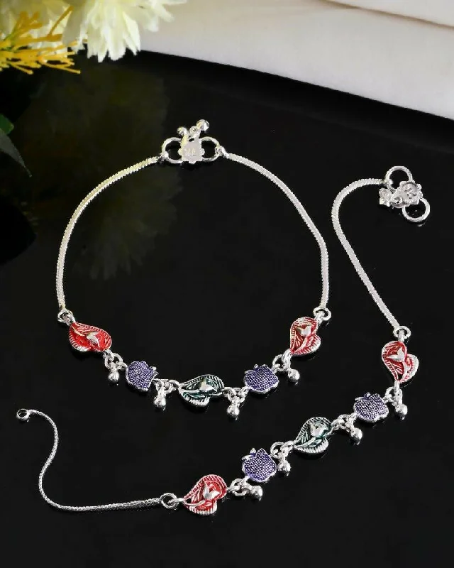 pearl anklet for women-VOJ Set of 2 Silver Plated Designer Multi Color Anklet