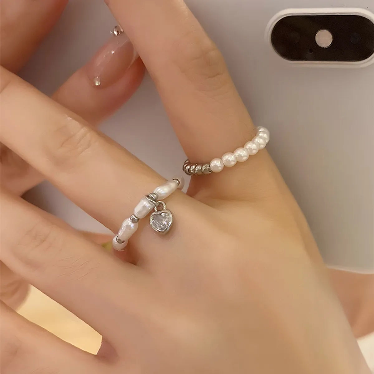 modern rings for women-Vintage Style Simple Style Classic Style Heart Shape Imitation Pearl Beaded Plating Inlay Rhinestones White Gold Plated Women's Charm Rings Rings