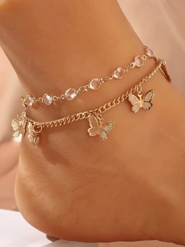 pearl anklet for women-Beach Butterfly Alloy Inlay Rhinestones Women's Anklet