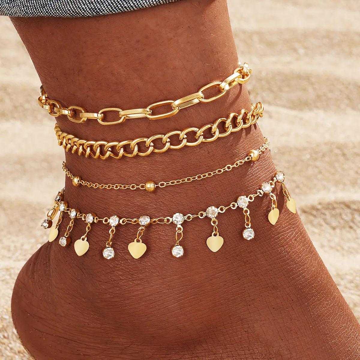 Gold Heart Shape with Diamond Golden Balls Anklet 4-Piece Set