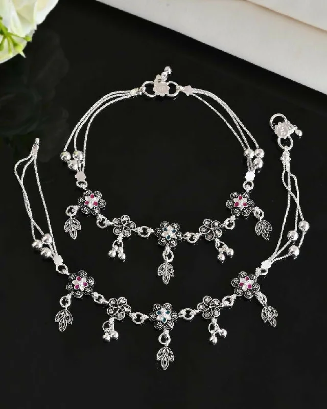 stretch anklet for women-VOJ Set of 2 Silver Plated Flower Shaped Stone Studded Anklet