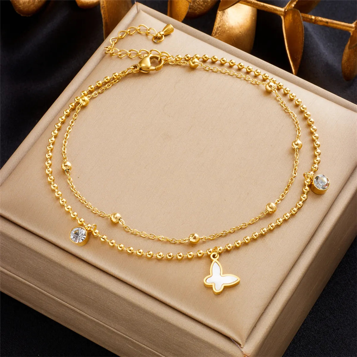 heart-shaped anklet for women-Simple Style Butterfly Titanium Steel Plating Inlay Rhinestones 18k Gold Plated Women's Anklet