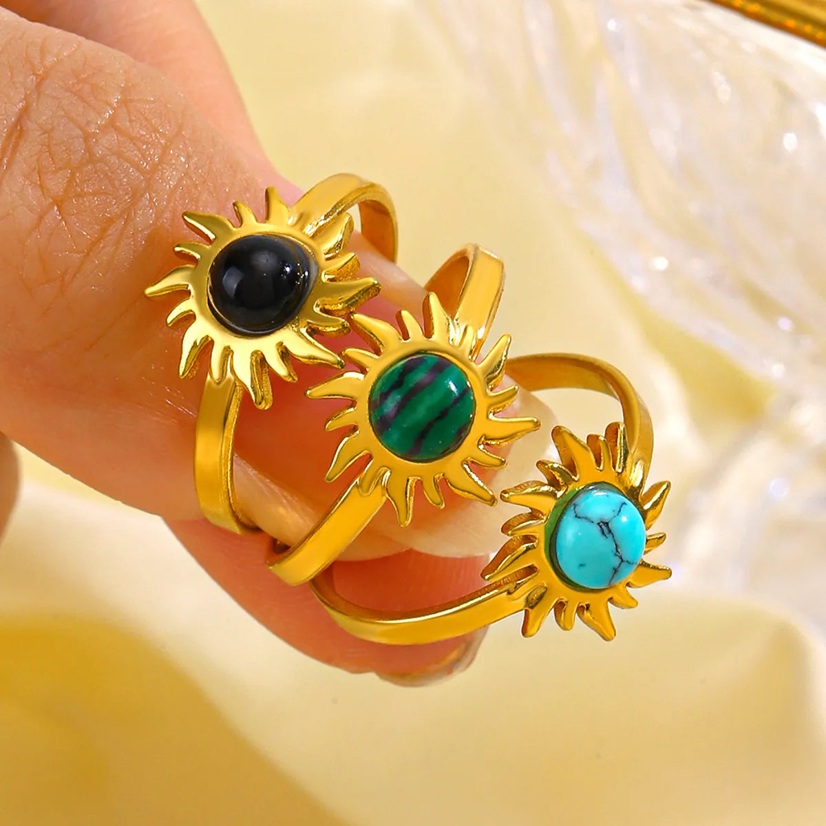 gemstone rings for women-Retro Sun Stainless Steel Plating Inlay Turquoise Obsidian 18k Gold Plated Open Rings