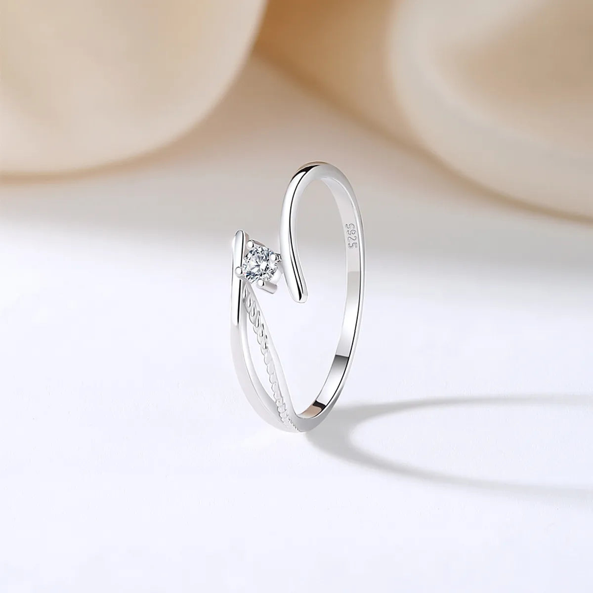 bezel-set rings for women-Sterling Silver Asymmetrical Shiny Metallic Inlay Lines Zircon Rings