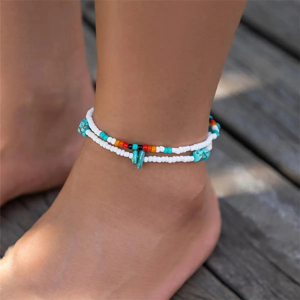 leather anklet for women-Bohemian Geometric Beaded Turquoise Women's Anklet