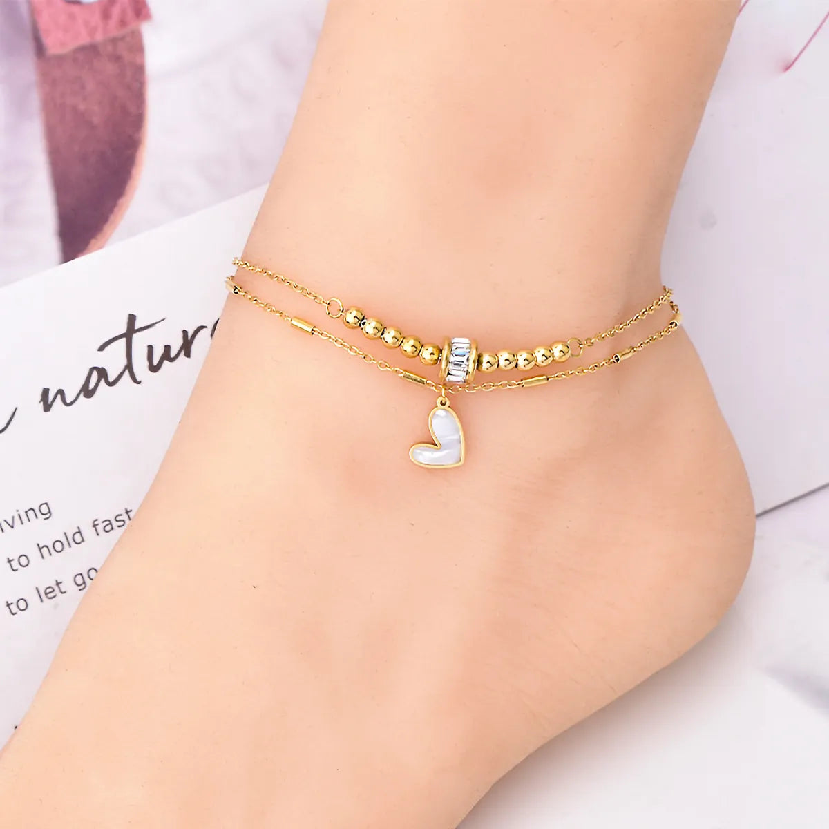 gold bangle anklet for women-Beach Heart Shape Stainless Steel Layered Plating Inlay Zircon 18k Gold Plated Platinum Plated Women's Anklet