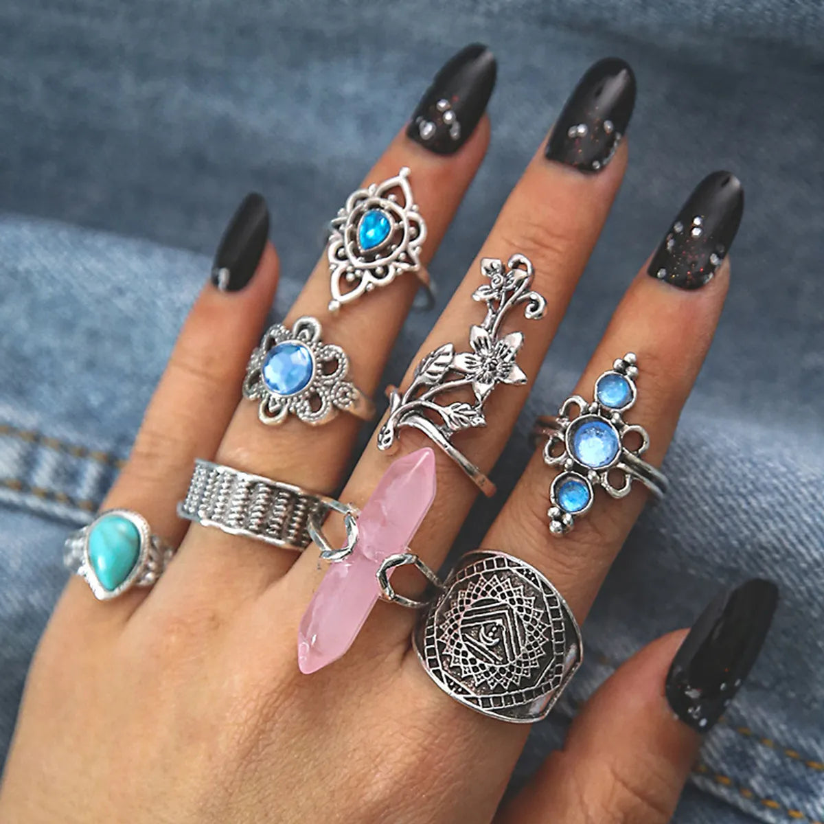 gemstone cocktail rings for women-Retro Geometric Flower Alloy Inlay Turquoise Rings