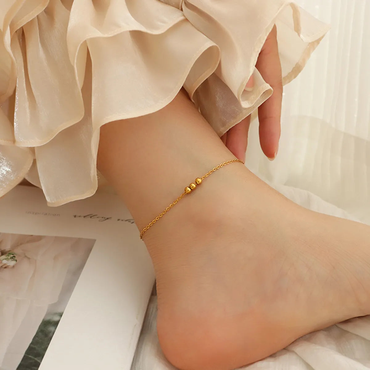 S091-Gold Three Beads Anklet-20 + 5cm