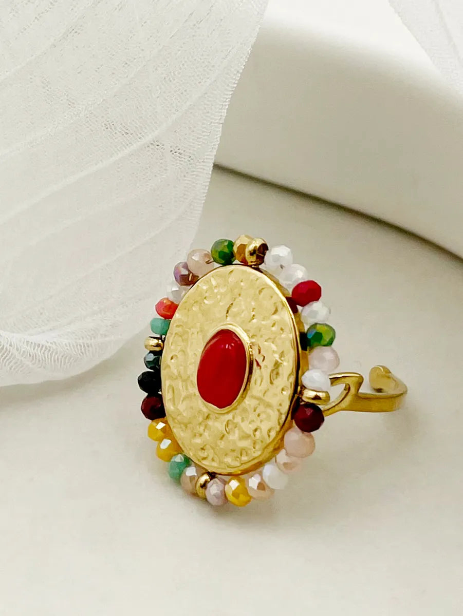 modern rings for women-Vacation Colorful Oval Stainless Steel Beaded Gold Plated Open Ring In Bulk