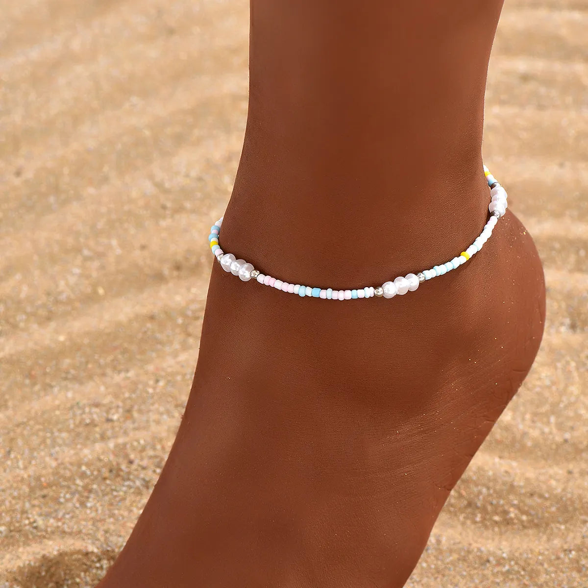 custom anklet for women-Hawaiian Vacation Multicolor Plastic Ferroalloy Beaded Plating Chain White Gold Plated Women's Anklet