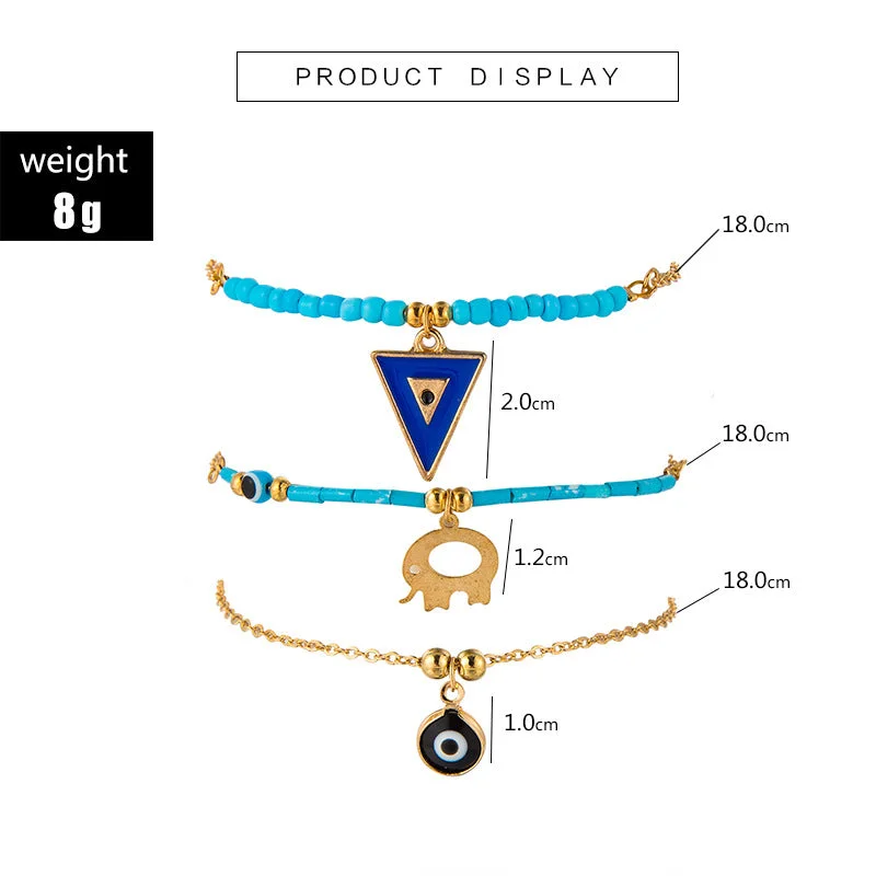 trendy bracelet for women-New Creative Popular Geometric Triangle Alloy Hollow Elephant Eyes Rice Beads Multilayer Anklet