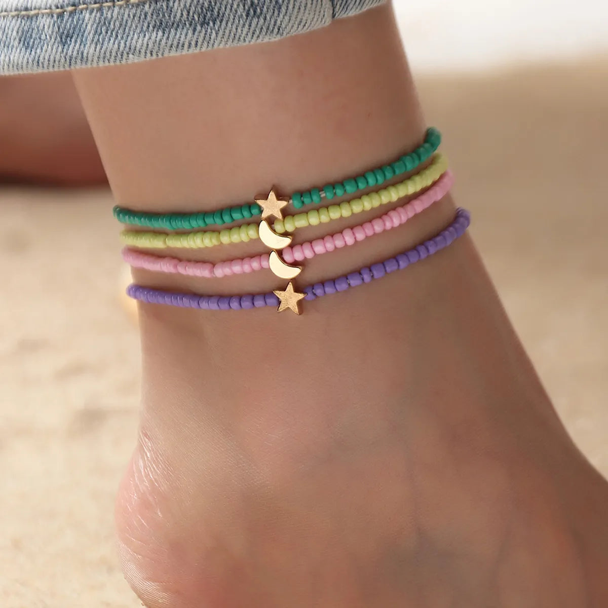 bohemian-style anklet for women-Fashion Bohemian Style Solid Color Star Moon Pendant Beach Anklet 4-piece Suit