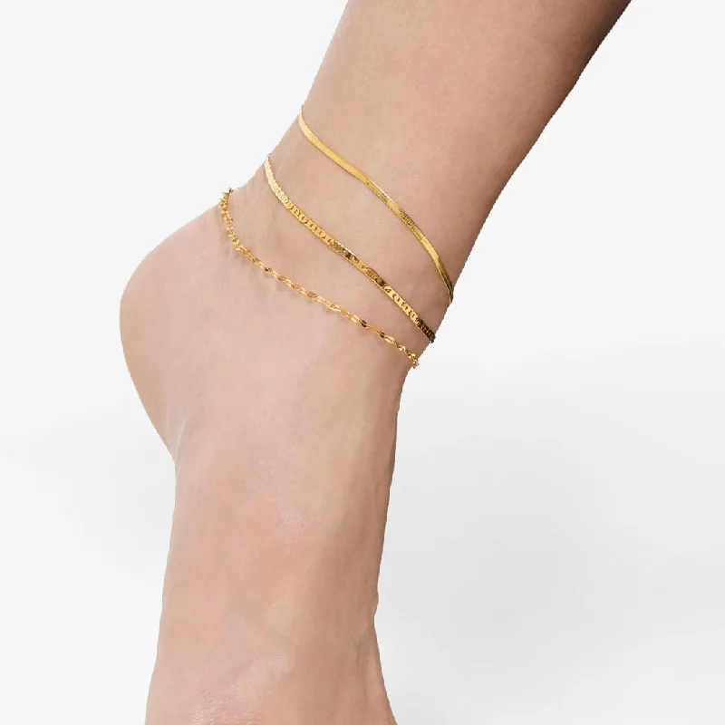 gold anklet for women-Tarnish Resistant 14k Gold Plated Adjustable 9-11" Herringbone, Valentina, and Mariner Chain Anklet Set