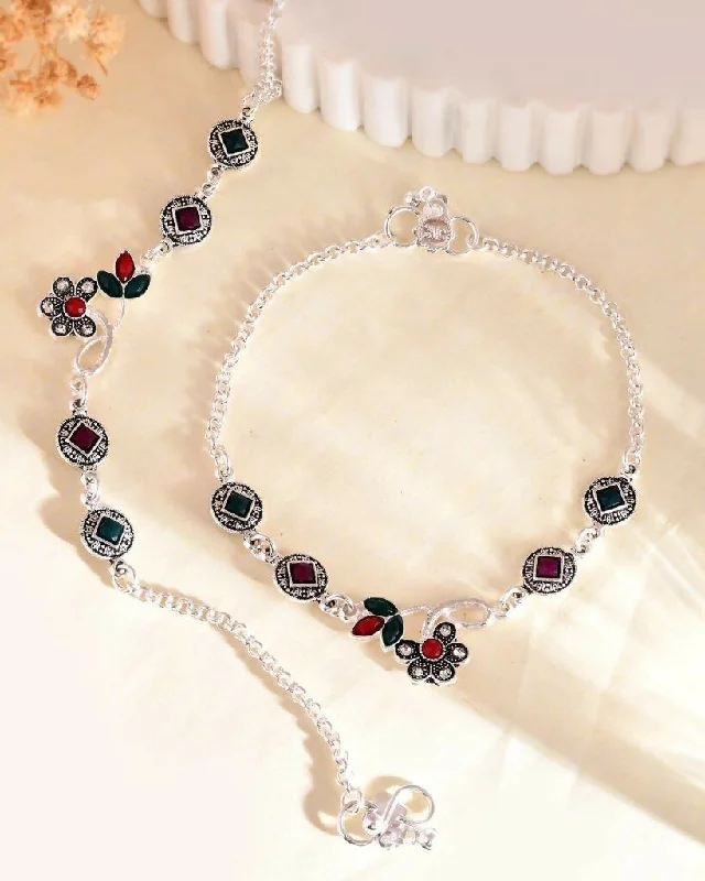 fashion bracelet for women-VOJ Set of 2 Traditional Multi Color Stone Studded Designer Anklet