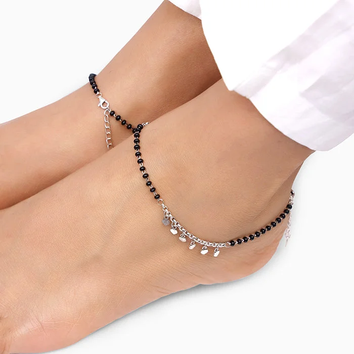 stackable anklets for women-Silver Hearts & Black Beads Anklet