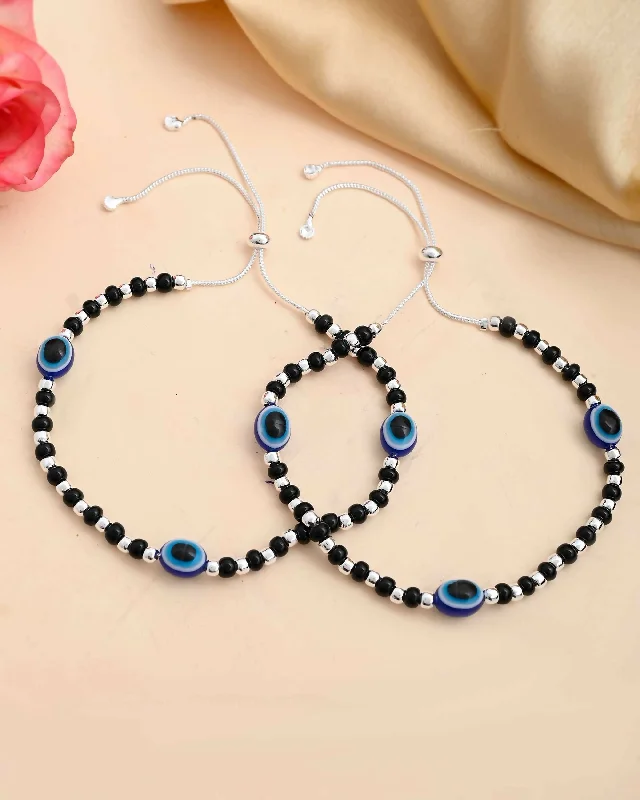 elegant bracelet for women-VOJ Set of 2 Silver Plated Evil Eye With Black And Silver Beads Anklet