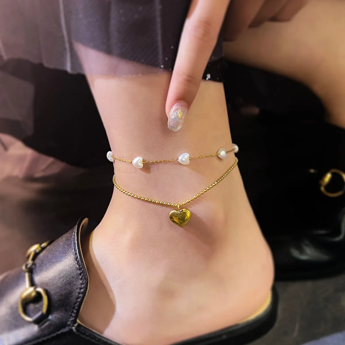 trendy anklet for women-Fashion Heart Shape Titanium Steel Inlaid Pearls Gold Plated Valentine's Day Women's Anklet