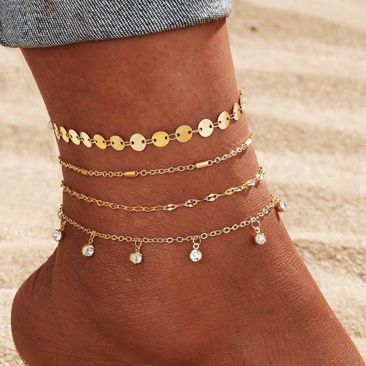 Gold Diamond Pendant round Anklet 4-Piece Set