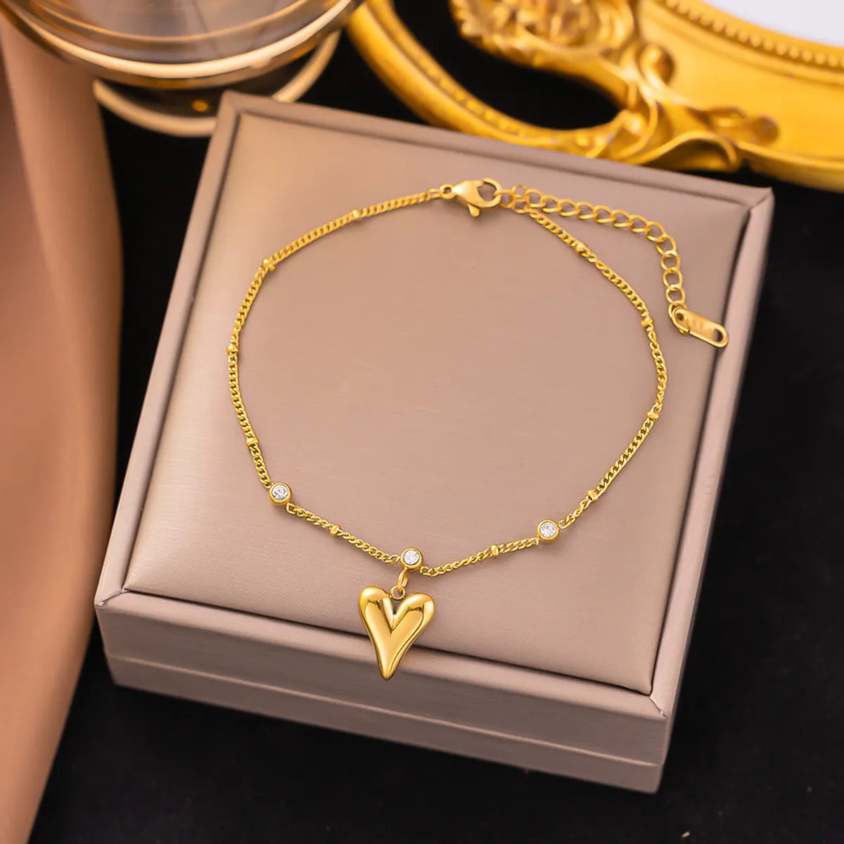 tropical anklet for women-Simple Style Commute Heart Shape 304 Stainless Steel Plating Chain Artificial Rhinestones 18K Gold Plated Women'S Anklet