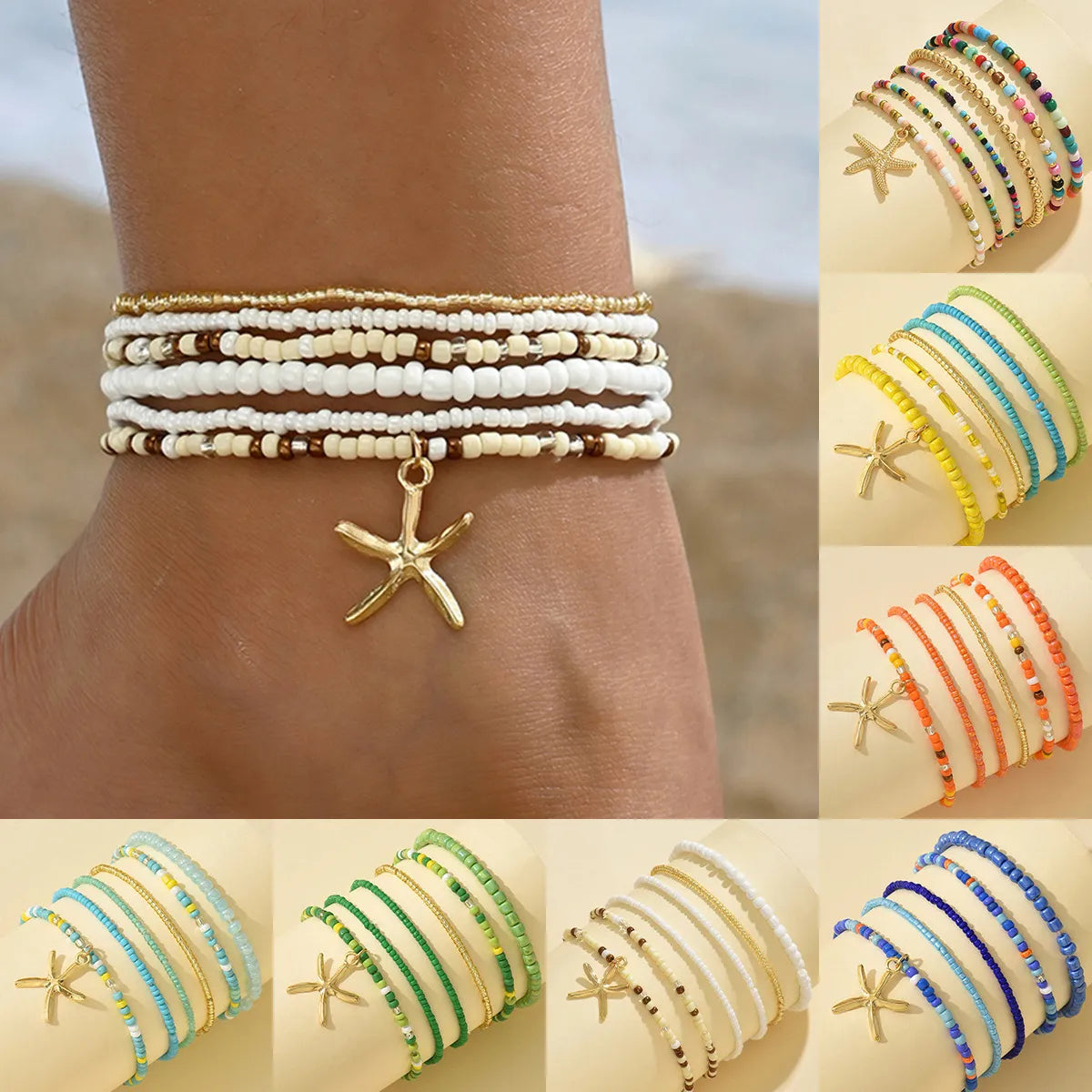 leather charm bracelet for women-Wholesale Jewelry Casual Beach Starfish Elastic String Seed Bead Zinc Alloy Beaded Anklet