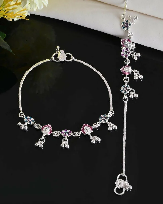 crystal anklet for women-VOJ Set of 2 Silver Plated Designer Multi Color Anklet