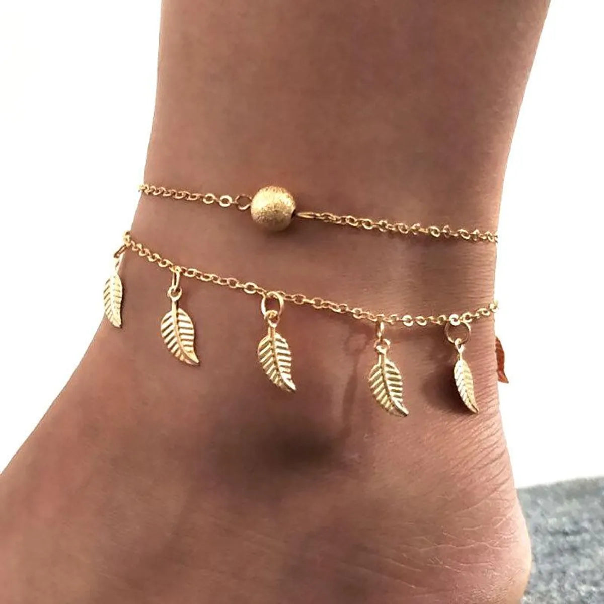 anklet for wedding for women-Foliage Footwear Simple Double Tassel Women's Small Leaf Anklet Wholesales Yiwu