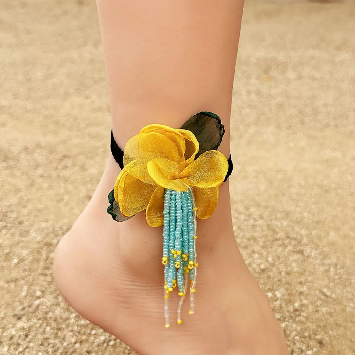 beaded anklet for women-Vacation Bohemian Beach Flower Artificial Crystal Cloth Beaded Tassel Net Yarn Women's Anklet