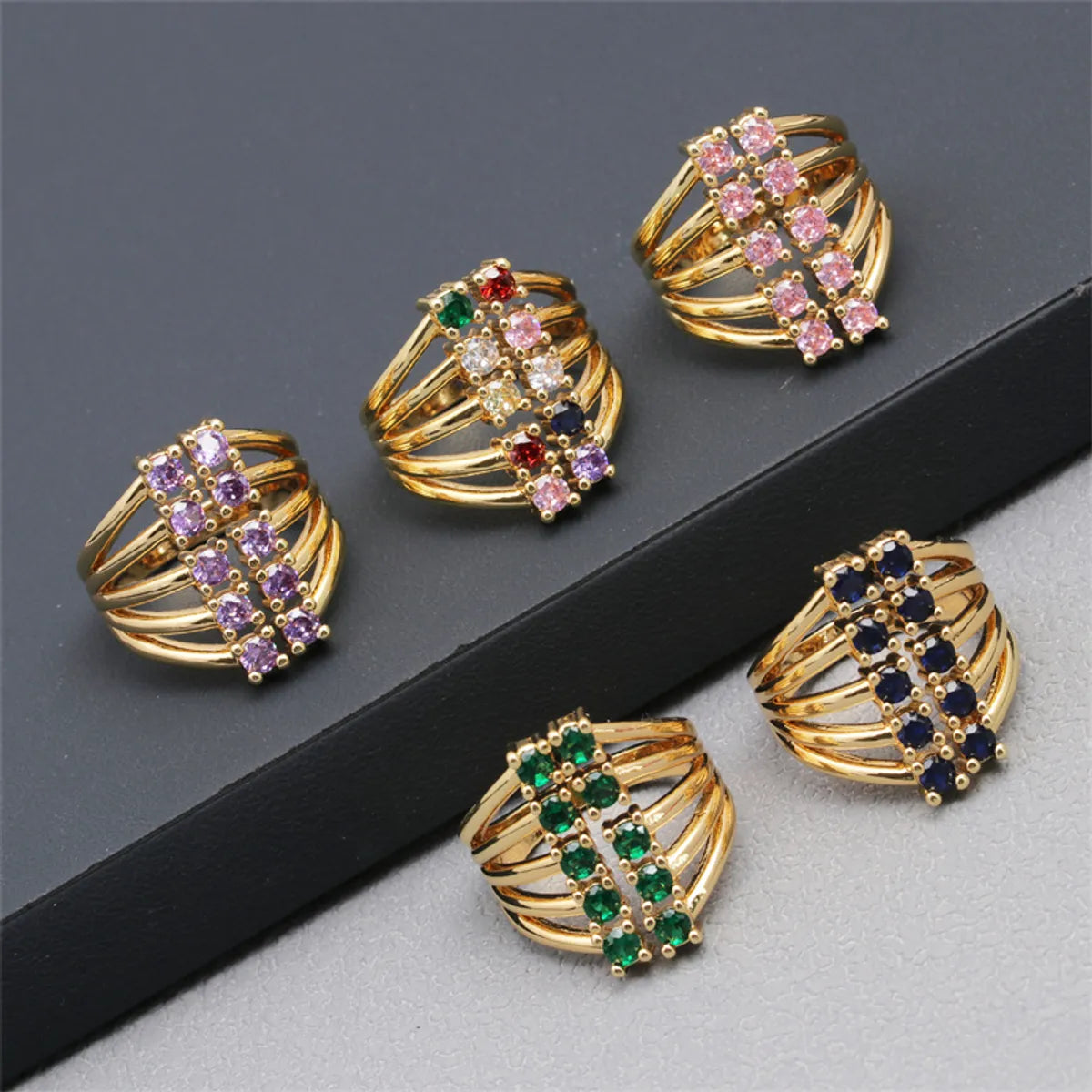 floral rings for women-Luxurious Square Copper Plating Inlay Zircon Gold Plated Open Rings