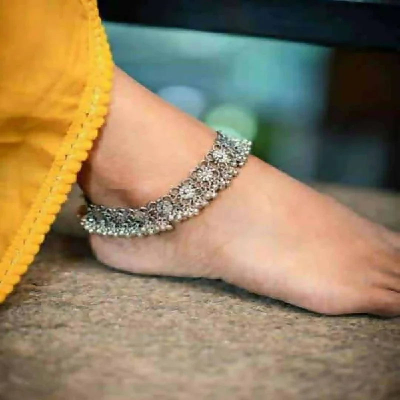 leather anklet for women-Mominos Fashion Traditional Wear Oxidised Silver Plated Anklets