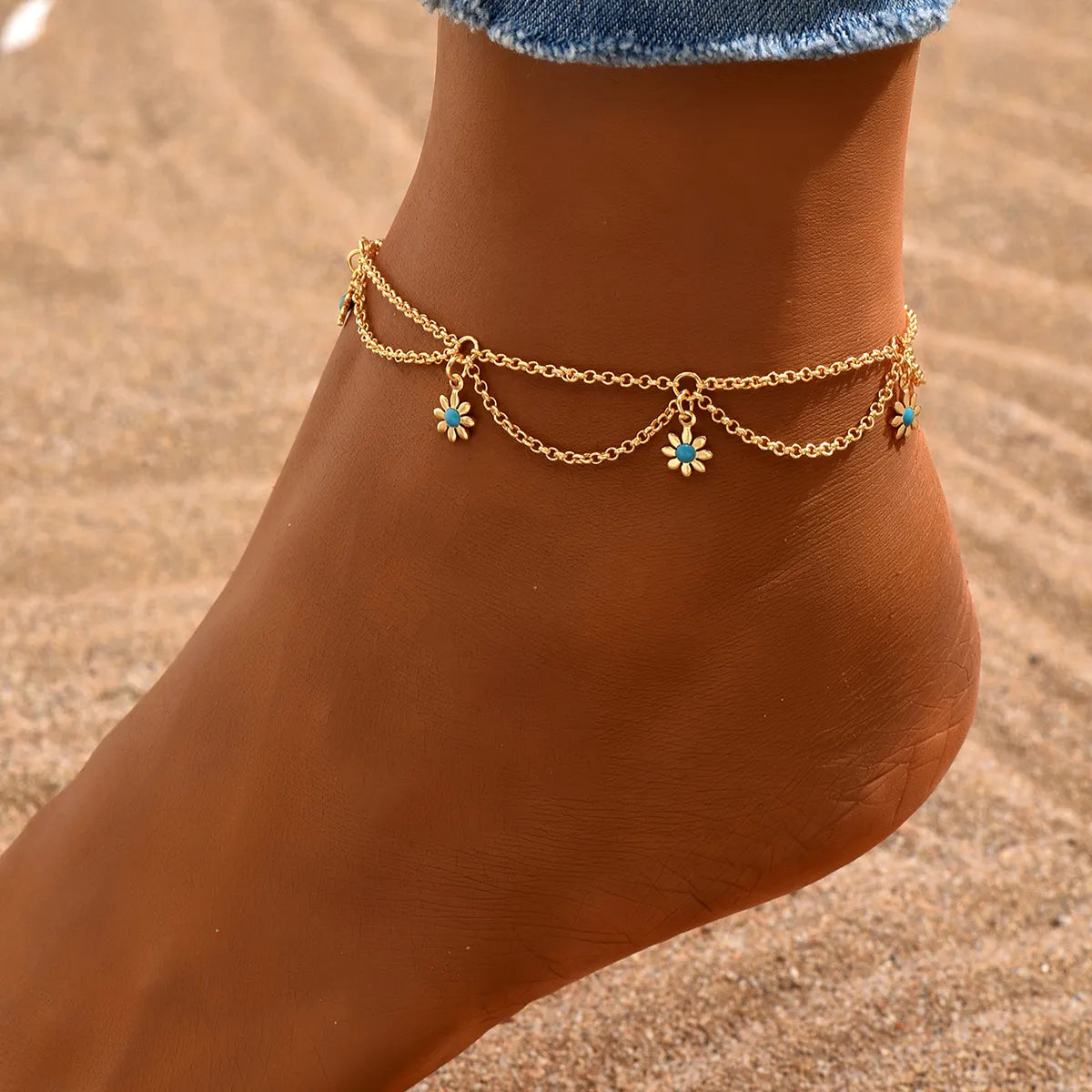 cuff bracelet for women-Fitness Flower Copper Patchwork 18k Gold Plated Women'S Anklet