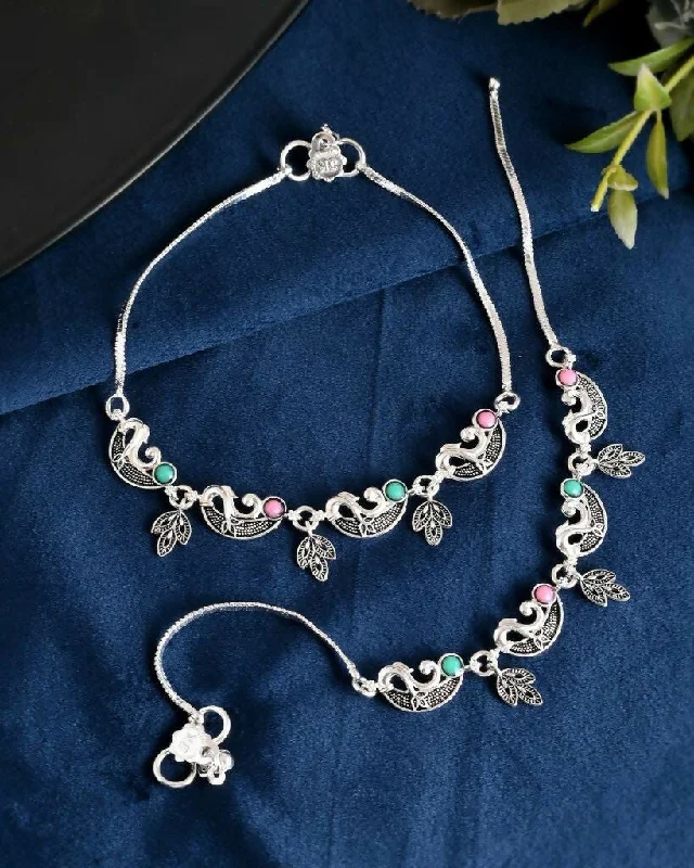 anklet for wedding for women-VOJ Set of 2 Silver Plated Multi Color Meenakari Anklet