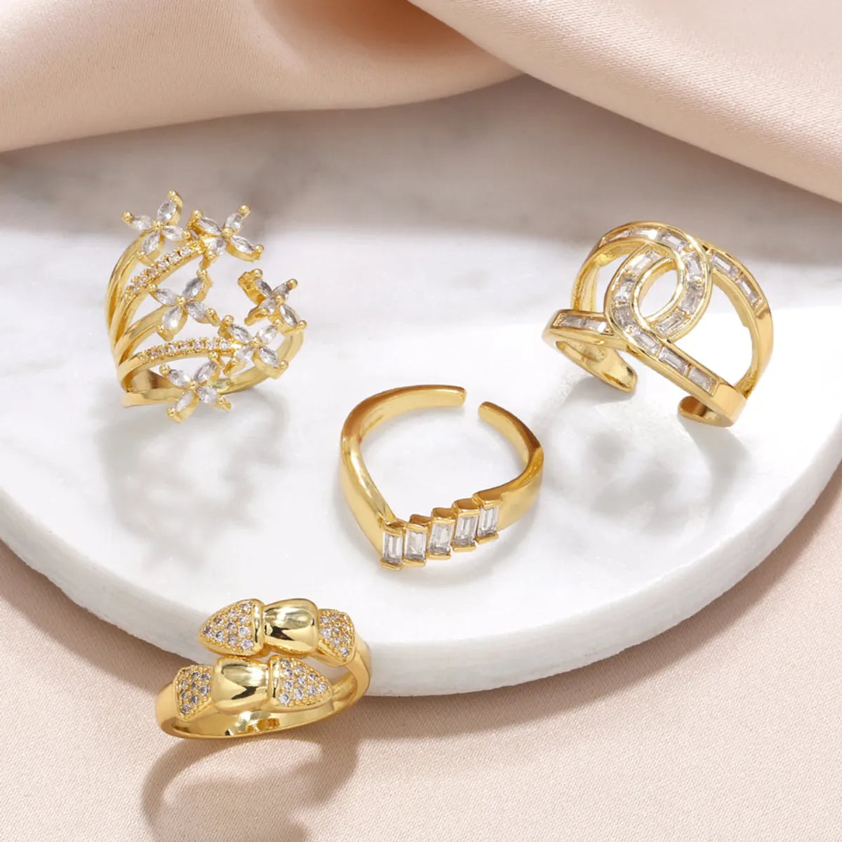 vintage rings for women-Simple Style Leaf Copper Plating Inlay Zircon 18k Gold Plated Open Rings