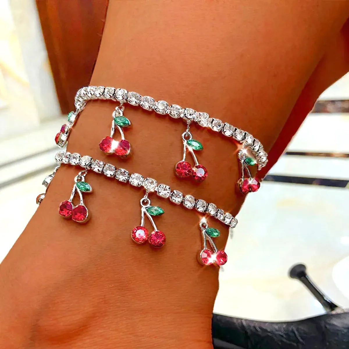 boho anklet for women-IG Style Shiny Cherry Alloy Inlay Rhinestones Women'S Anklet