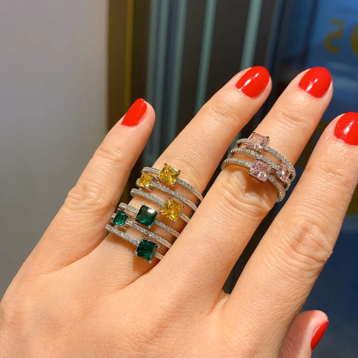 colorful gemstone rings for women-Retro Square Copper Gold Plated Rhinestone Open Ring