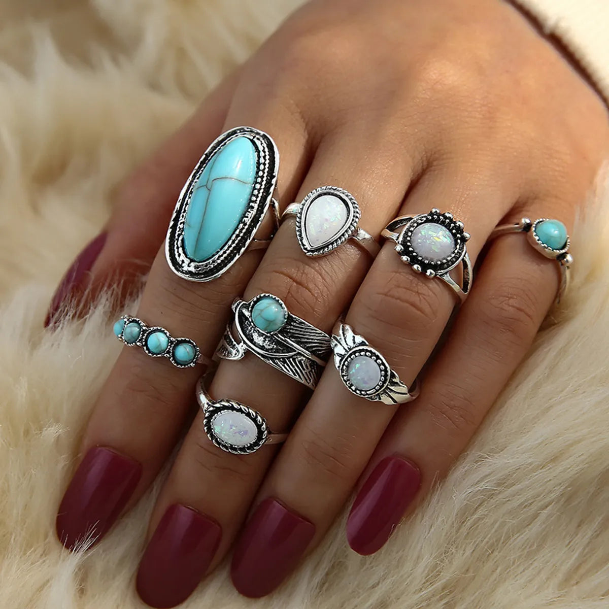 engraved rings for women-Retro Inlaid Turquoise Carved Feather Alloy Ring 8-piece Set