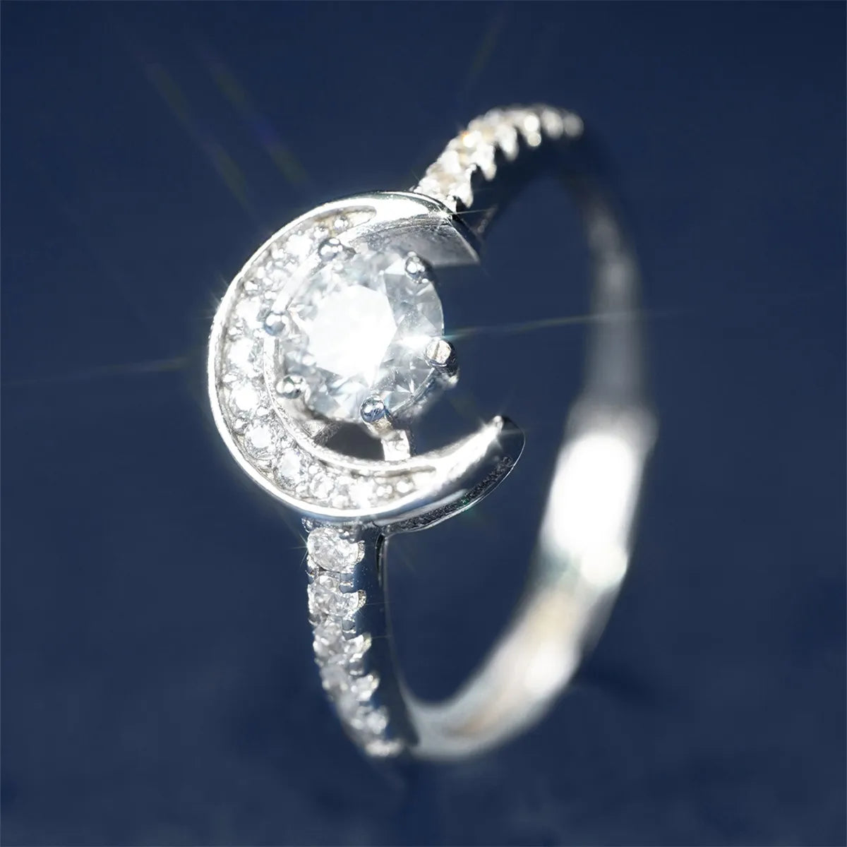 simple rings for women-18K Gold Plated Moissanite Moon Near Colorless(GHI) Round Brilliant Cut VVS1-VVS2 Rings