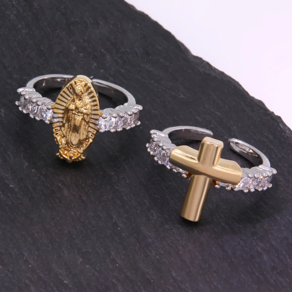 couple rings for women-Copper 18K Gold Plated K Gold Plated Inlay Cross Virgin Mary Zircon Open Rings